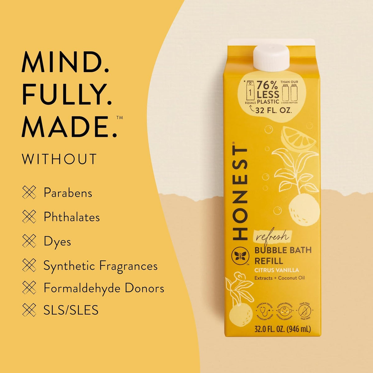 The Honest Company Bubble Bath 32 fl oz Citrus Vanilla on a bathroom counter