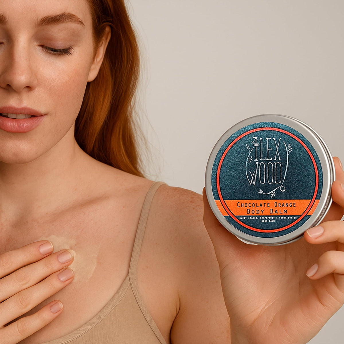 The Ilex Wood Chocolate Orange Body Balm packaging details