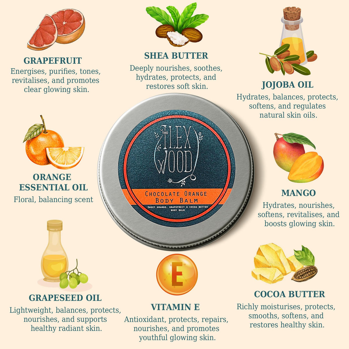 The Ilex Wood Chocolate Orange Body Balm with cocoa and shea butter ingredients