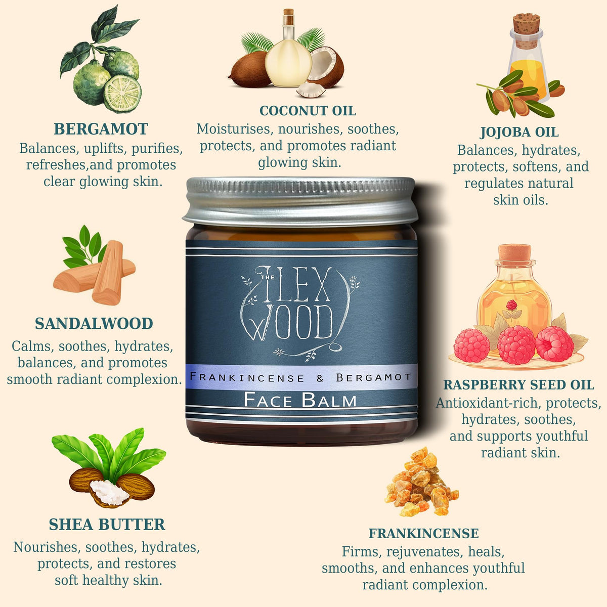 The Ilex Wood Frankincense and Bergamot Face Balm packaging with ingredients
