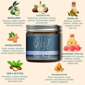 The Ilex Wood Frankincense and Bergamot Face Balm packaging with ingredients