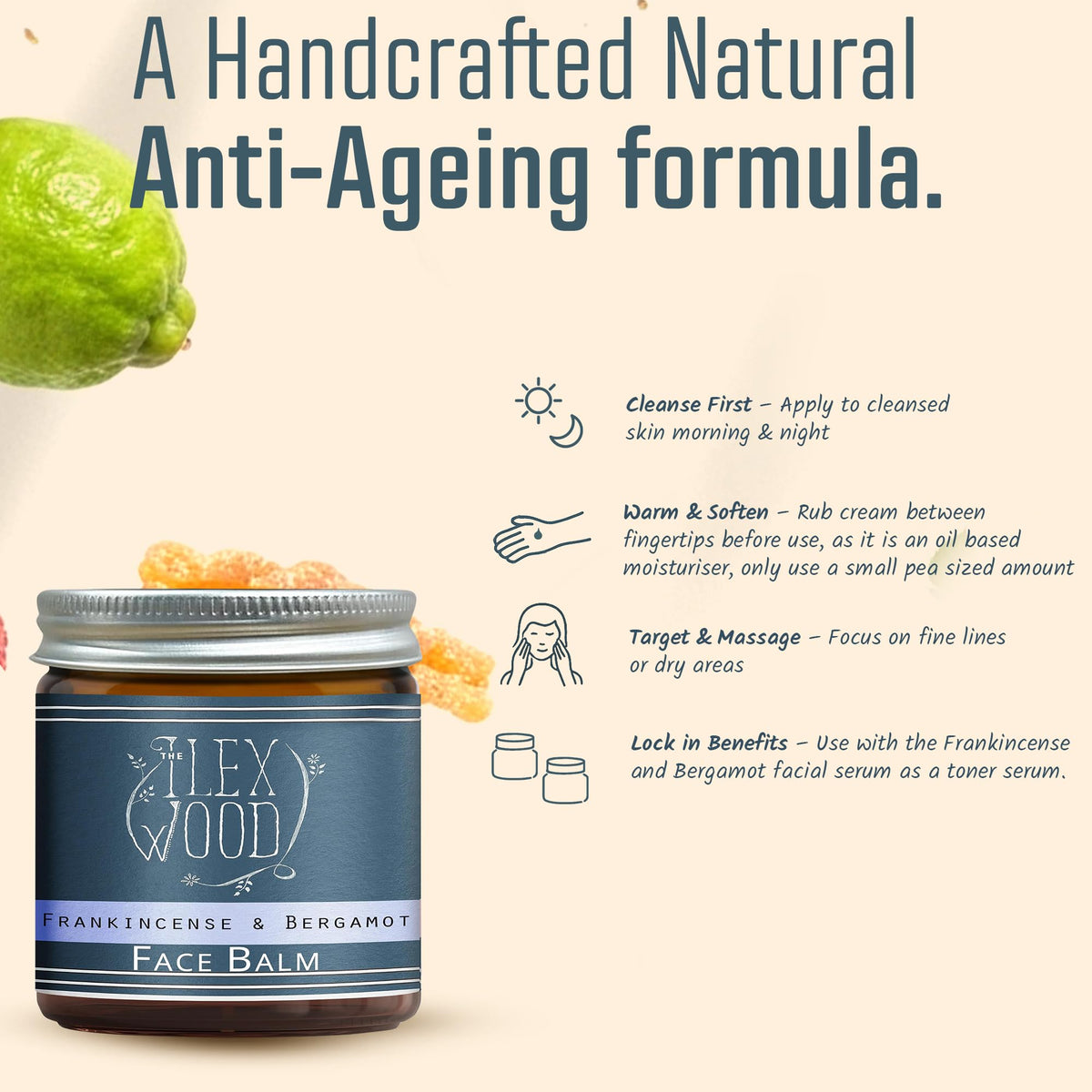 The Ilex Wood Frankincense and Bergamot Face Balm with a background of Bergamot fruit