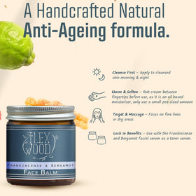 The Ilex Wood Frankincense and Bergamot Face Balm with a background of Bergamot fruit