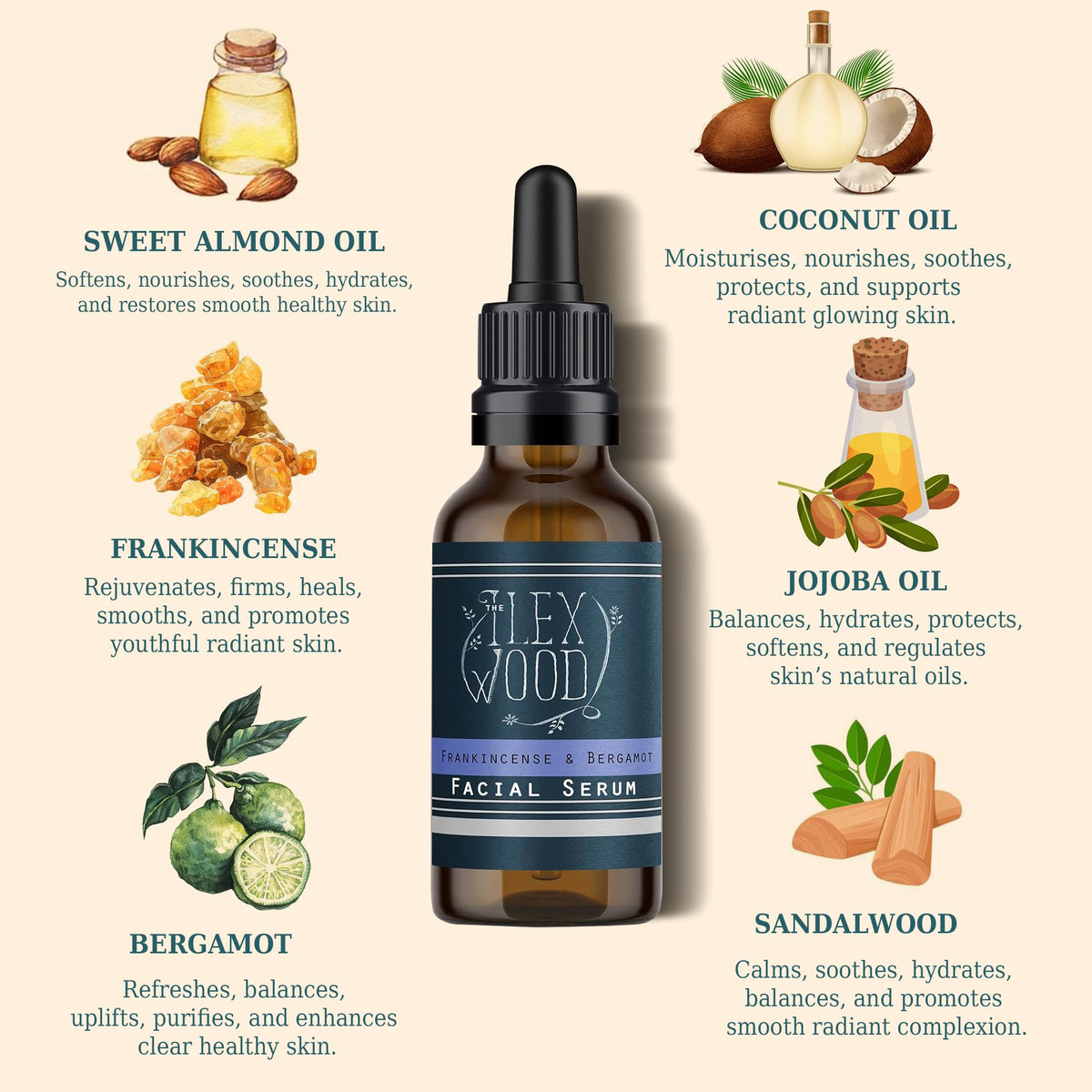 The Ilex Wood Frankincense and Bergamot Facial Serum 20ml with dropper