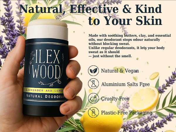 The Ilex Wood Natural Deodorant Lavender Lemon angled view showing details