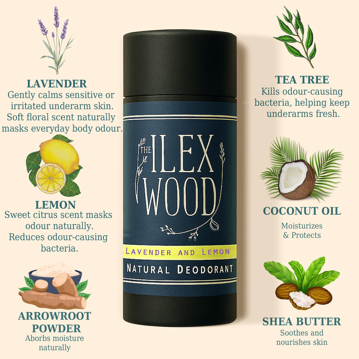 The Ilex Wood Natural Deodorant Lavender Lemon open tube with product visible