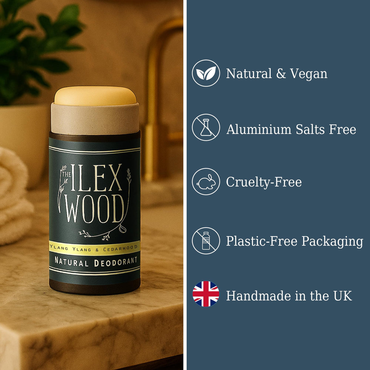 The Ilex Wood Natural Deodorant showing ingredients on packaging