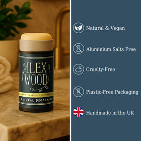 The Ilex Wood Natural Deodorant showing ingredients on packaging