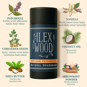 The Ilex Wood Natural Deodorant Spiced Patchouli packaging details