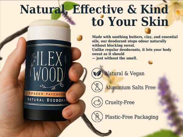 The Ilex Wood Natural Deodorant Spiced Patchouli with essential oils background