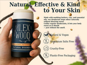 The Ilex Wood Natural Deodorant Spiced Patchouli with essential oils background