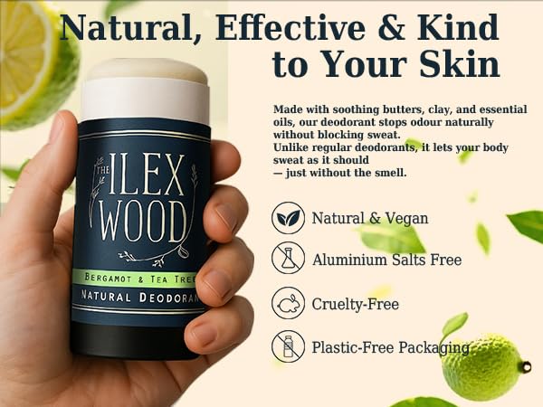 The Ilex Wood Natural Deodorant tube with cap off