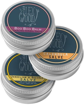 The Ilex Wood Natural Salve Pack of 3 with Dandelion and Rosemary, Calendula, and Boo Boo Balm