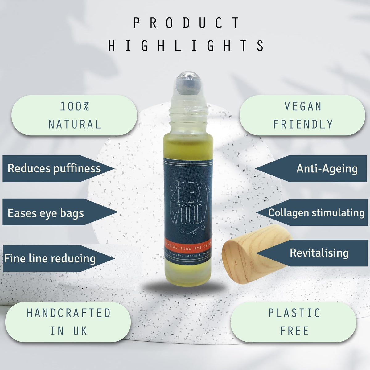 The Ilex Wood Revitalising Eye Serum displayed with natural ingredients