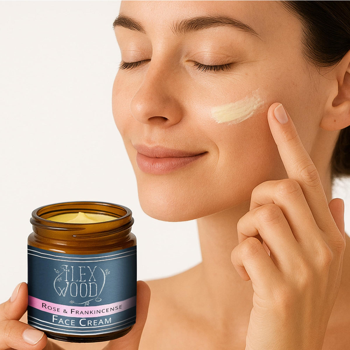 The Ilex Wood Rose & Frankincense Face Cream application on skin