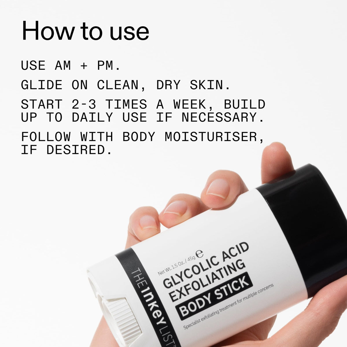 The INKEY List Glycolic Acid Exfoliating Body Stick with ingredients