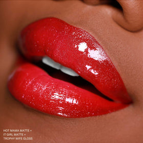 The Lip Bar Nonstop Liquid Matte Lipstick Hot Mama beside lip care duo