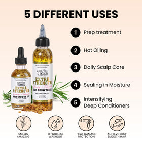 The Mane Attraction Extra-Strength Herbal Hair Growth Oil on wooden surface