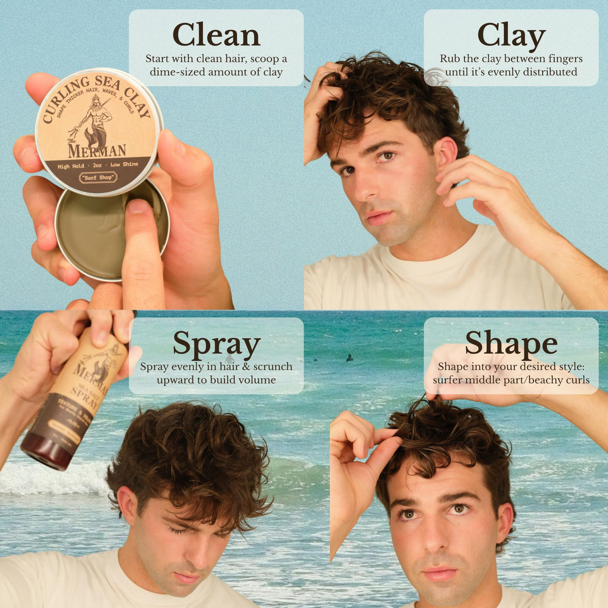 The Merman Sea Salt Spray and Curling Clay on a bathroom counter