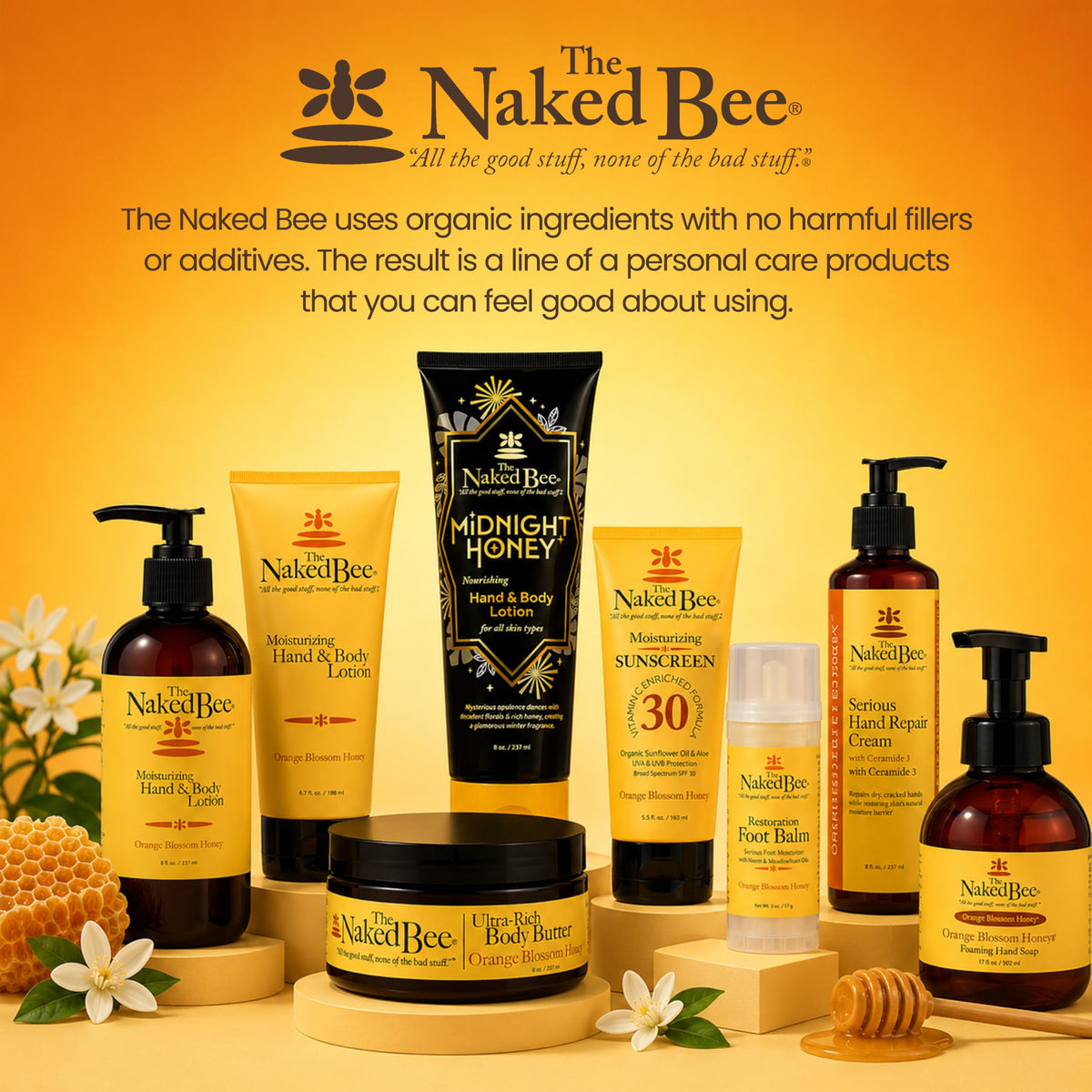The Naked Bee lotion packaging with all three scents displayed
