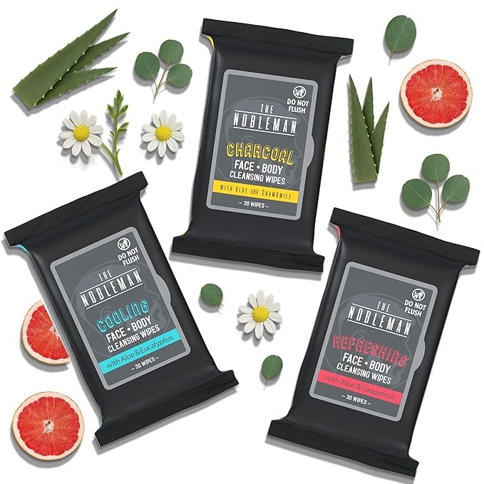The Nobleman Charcoal Cooling Face + Body Wipes on a travel setup