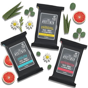 The Nobleman Charcoal Cooling Face + Body Wipes on a travel setup
