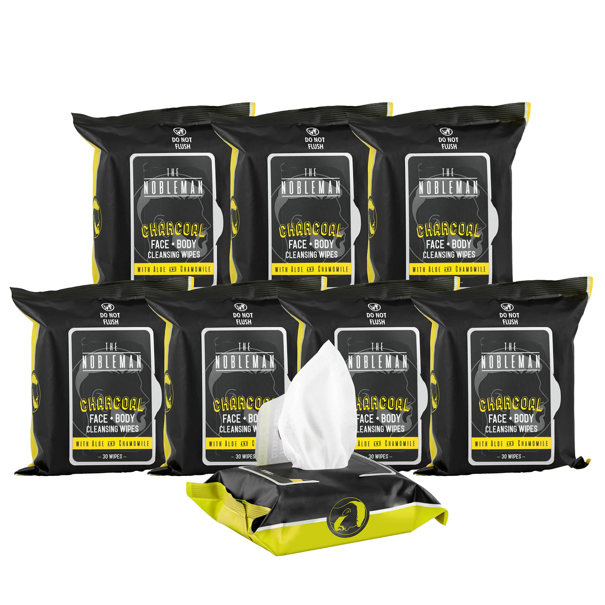 The Nobleman Cleansing Wipes displayed with a hand holding one wipe