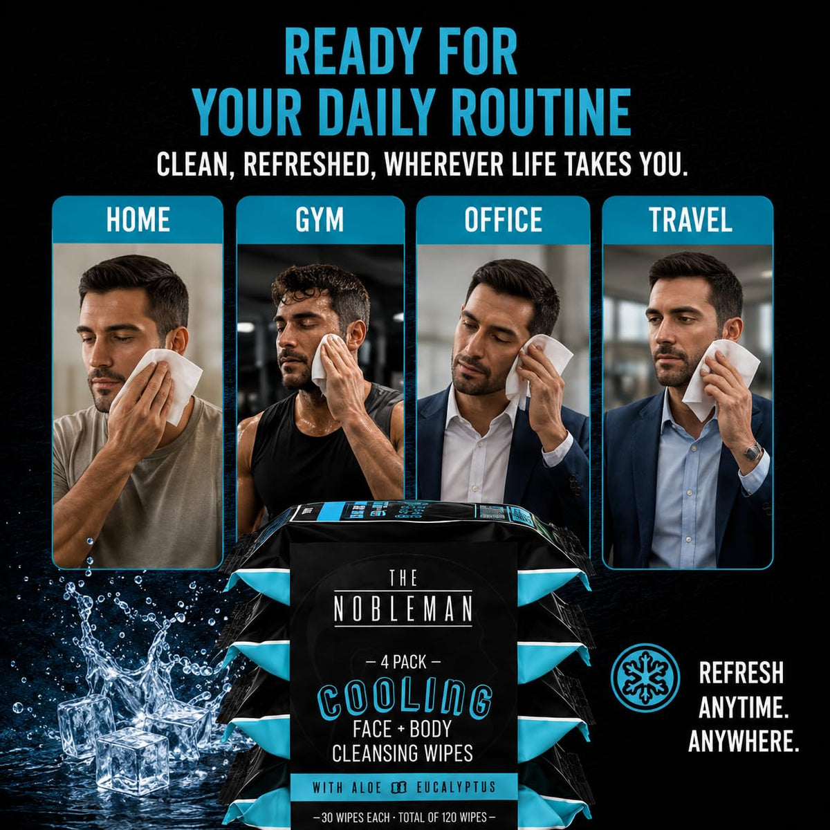 The Nobleman Cooling Aloe & Eucalyptus Cleansing Wipes displayed on a gym bag
