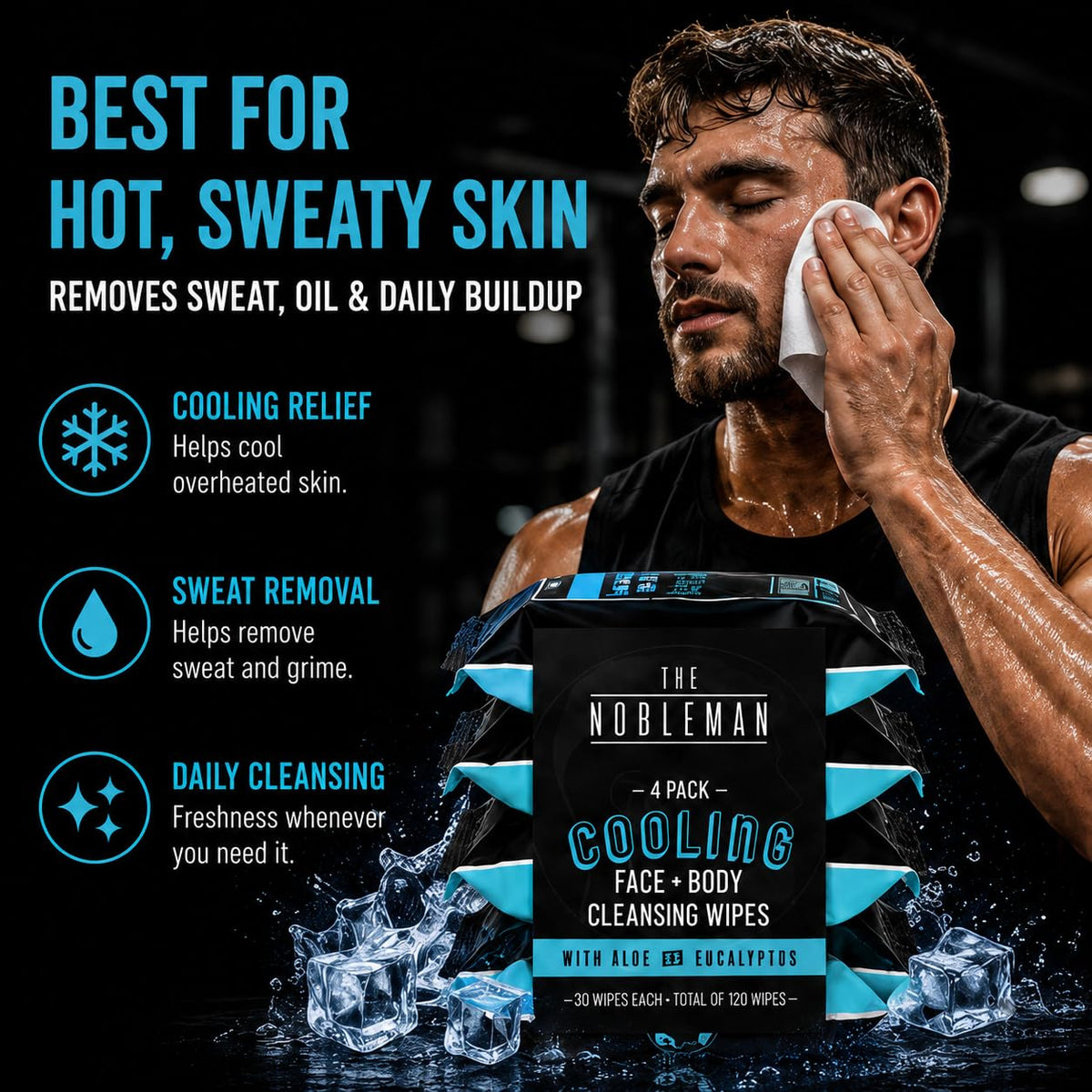 The Nobleman Cooling Aloe & Eucalyptus Cleansing Wipes side view with ingredients