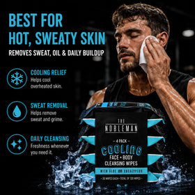 The Nobleman Cooling Aloe & Eucalyptus Cleansing Wipes side view with ingredients