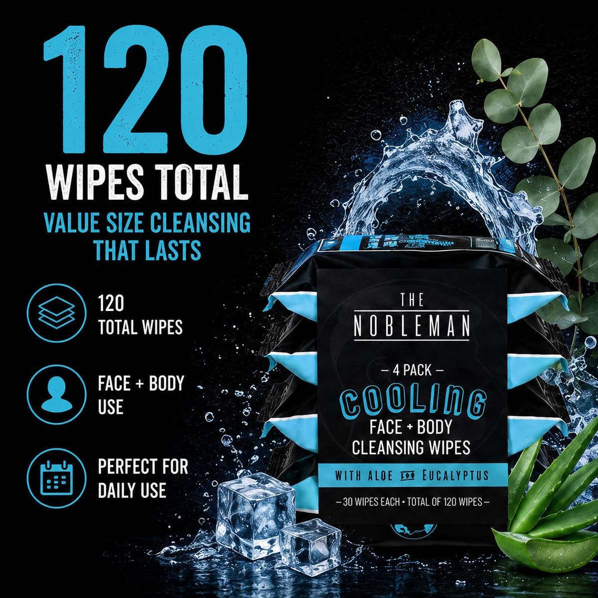 The Nobleman Cooling Aloe & Eucalyptus Cleansing Wipes with a hand reaching for a wipe