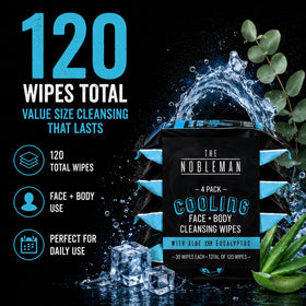 The Nobleman Cooling Aloe & Eucalyptus Cleansing Wipes with a hand reaching for a wipe