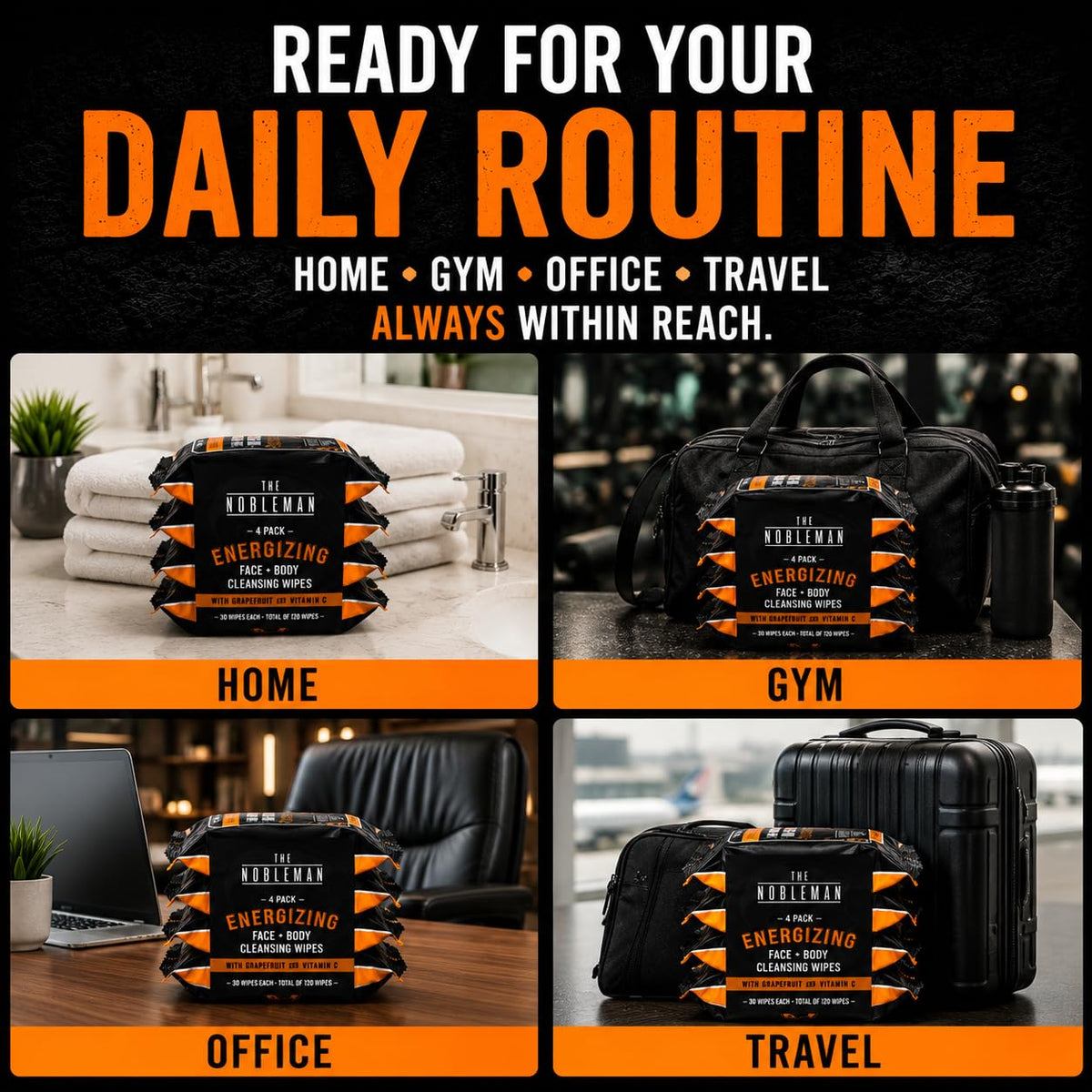 The Nobleman Energizing Grapefruit Cleansing Wipes on a gym bag