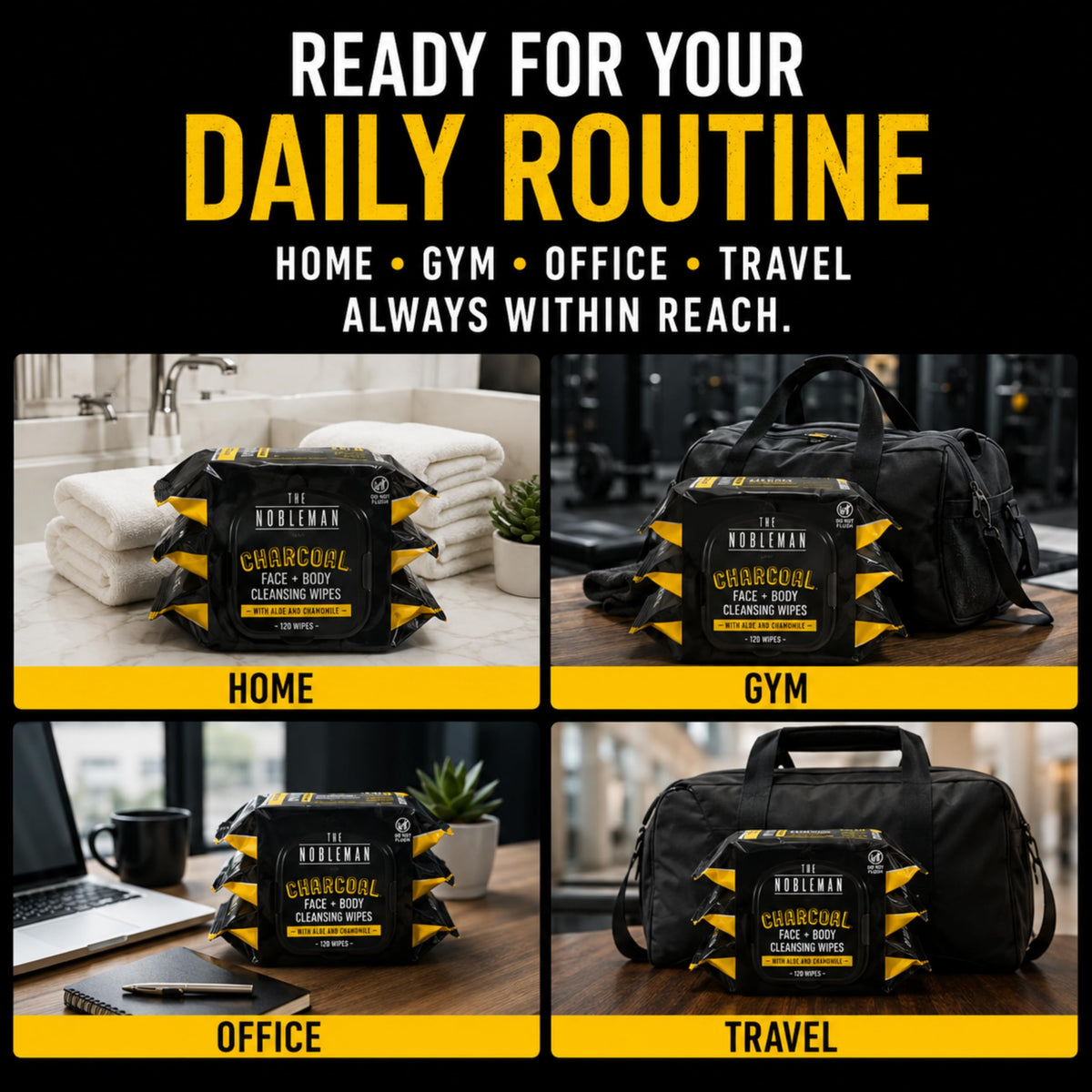 The Nobleman Men's Charcoal Cleansing Wipes on a bathroom counter