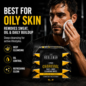 The Nobleman Men's Charcoal Cleansing Wipes opened, showing wipes