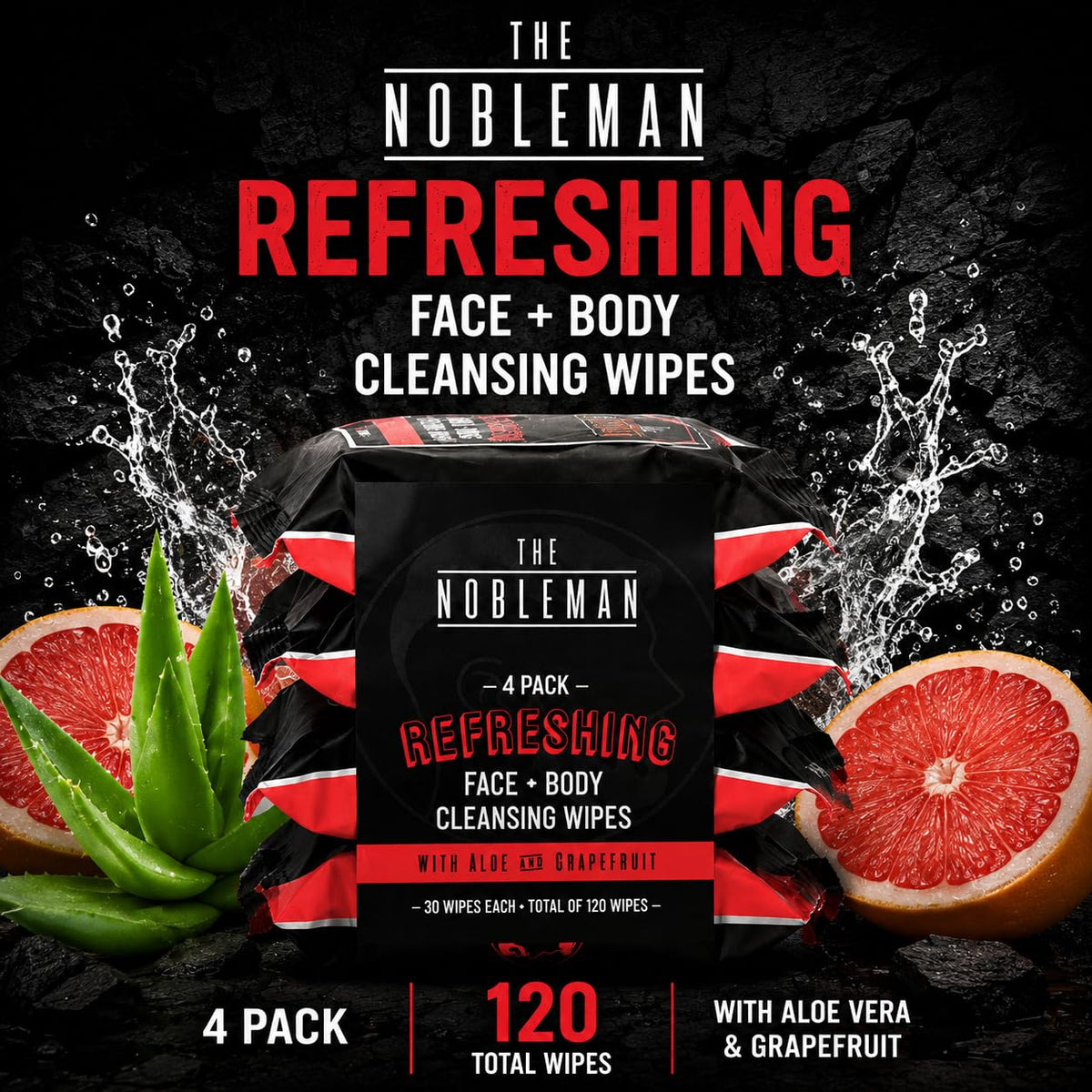 The Nobleman wipes showing grapefruit and aloe ingredients