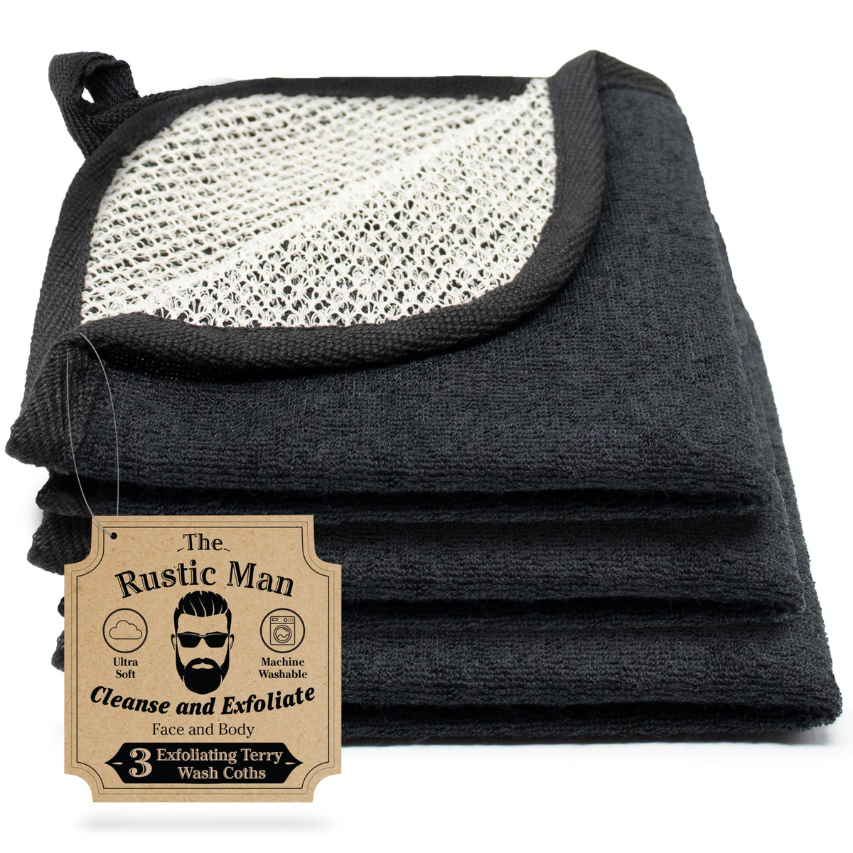 The Rustic Man Terry Wash Cloths front view, black color