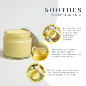The VanMan Tallow and Honey Balm alongside natural ingredients