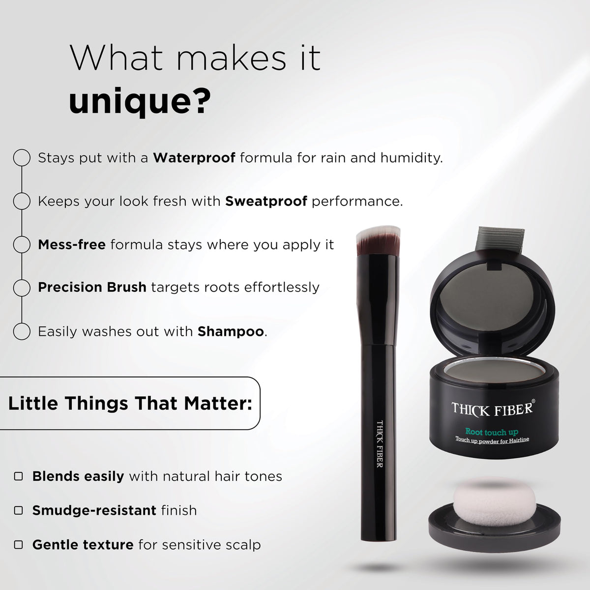 Thick Fiber Root Touch Up Powder in use on hairline