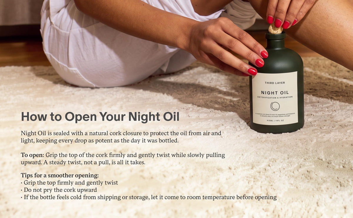 Third Layer Castor Oil Body Oil alongside a nighttime skincare routine