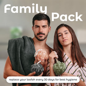 Three MainBasics loofah sponges in earthy love colours