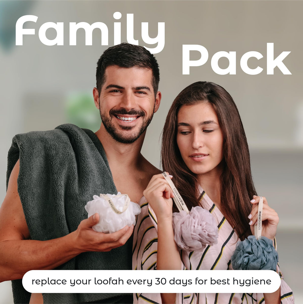 Three MainBasics loofahs displayed together