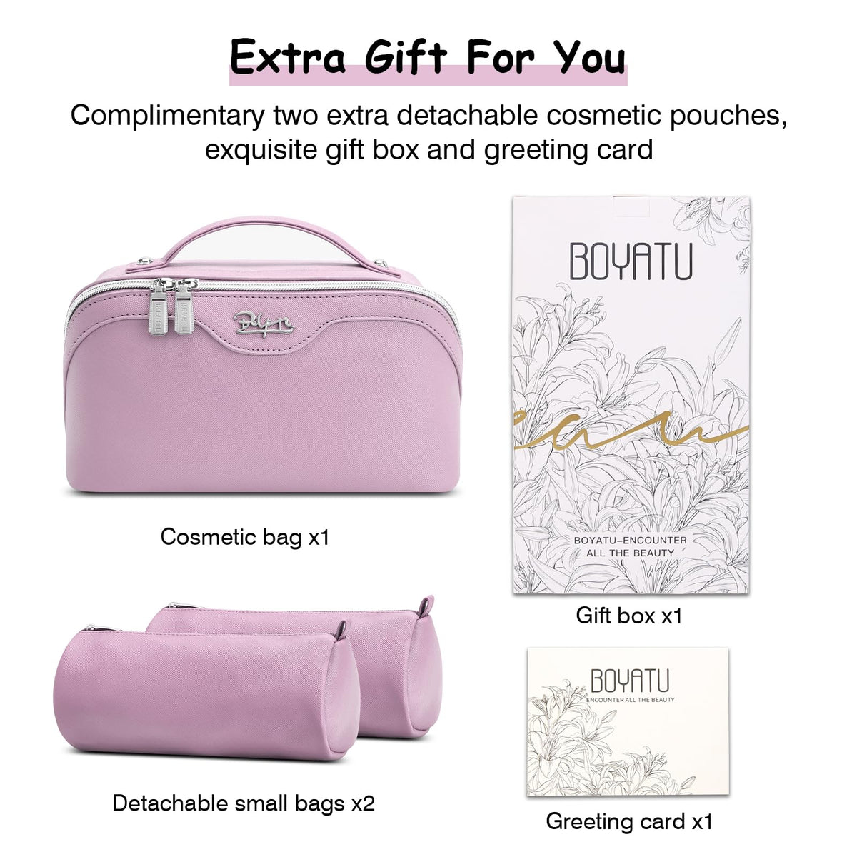Three-piece set of BOYATU Travel Makeup Bags in purple