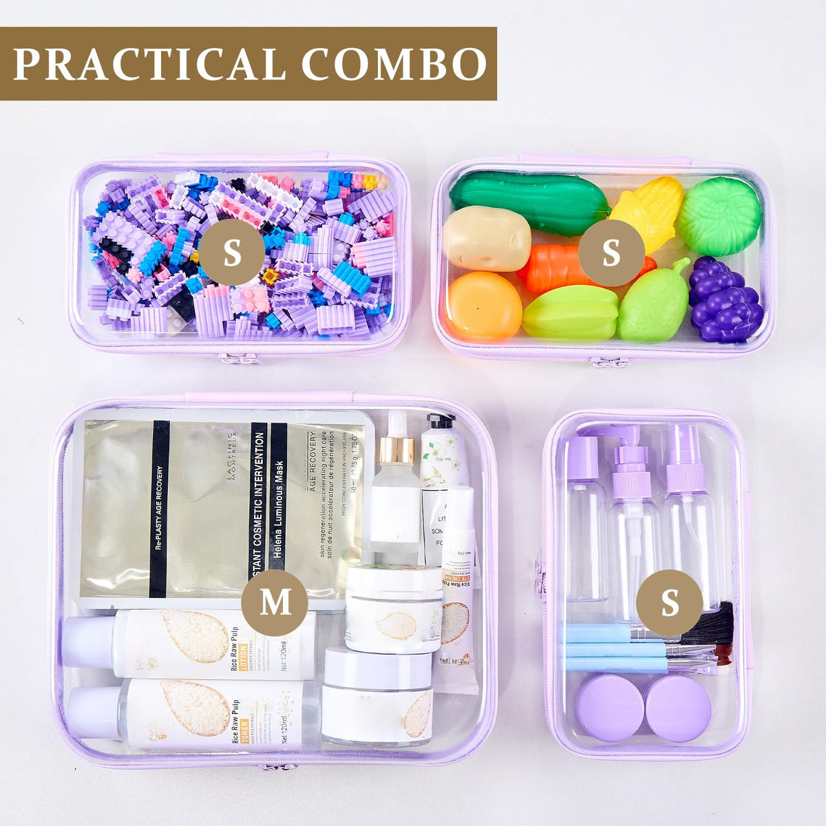 Three small clear zipper pouches stacked neatly