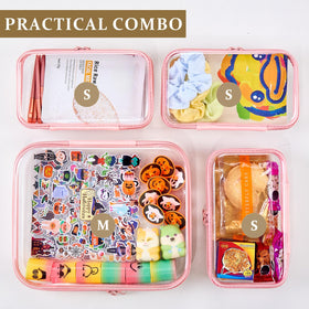 Three small clear zipper pouches stacked together