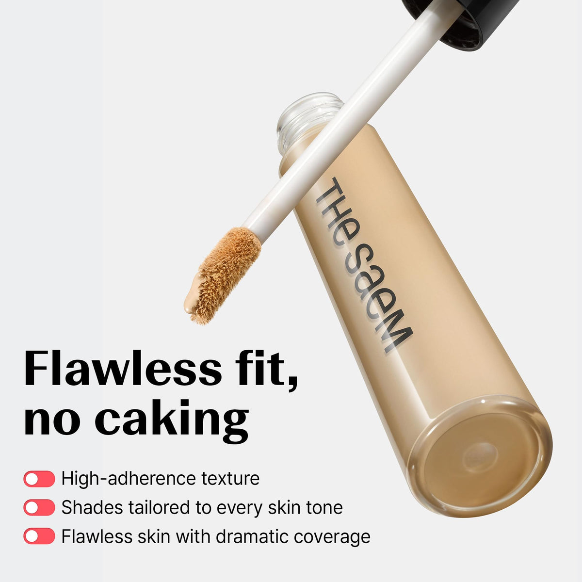 Three THESAEM concealers displayed with swatches on skin