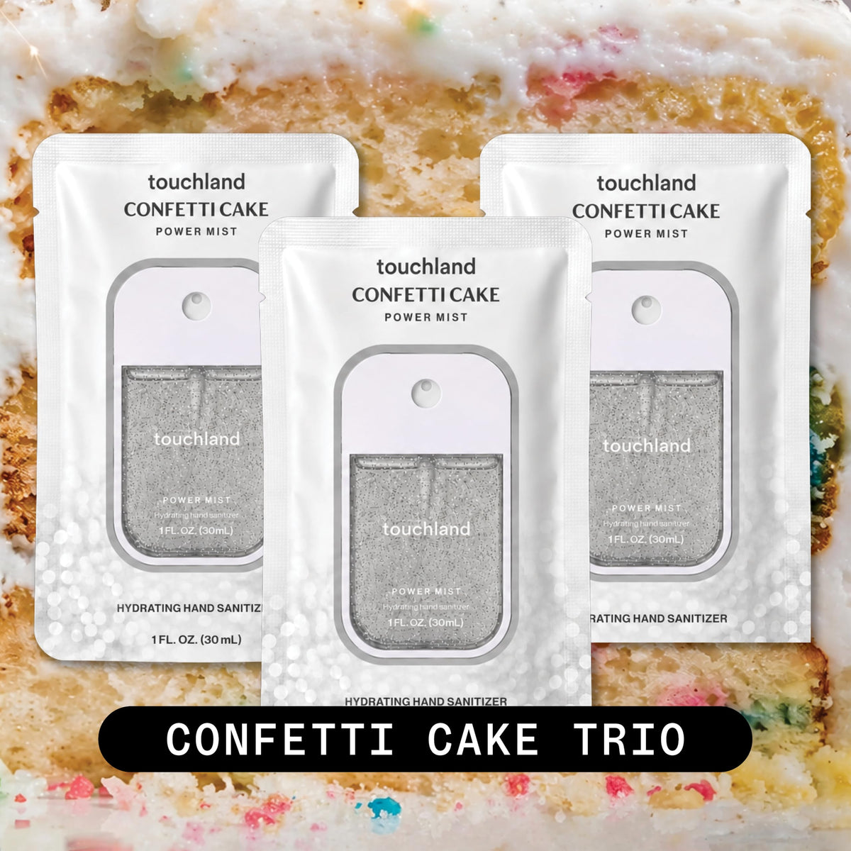 Three Touchland hand sanitizer sprays in Confetti Cake scent