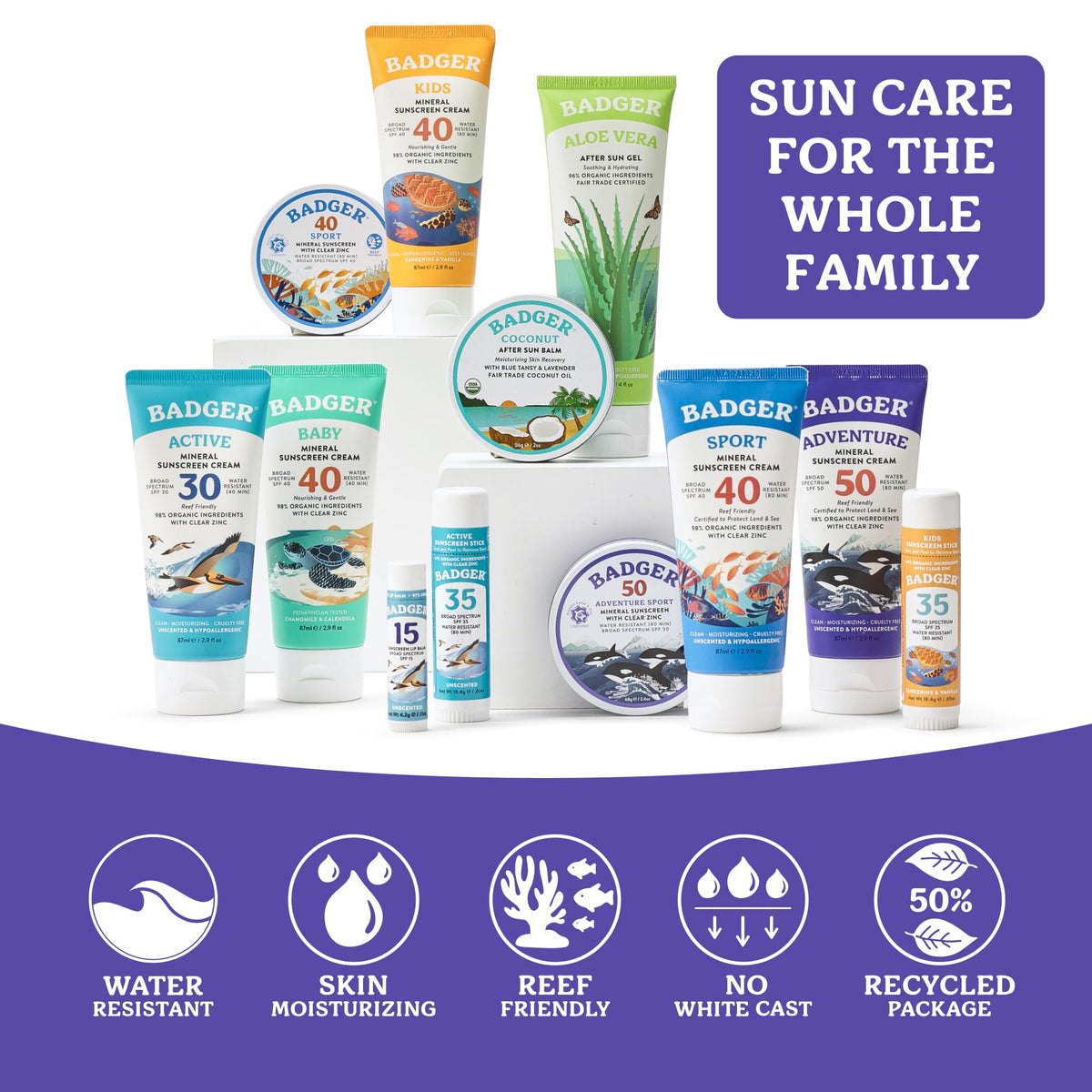 Three tubes of Badger Biodegradable Sunscreen lined up