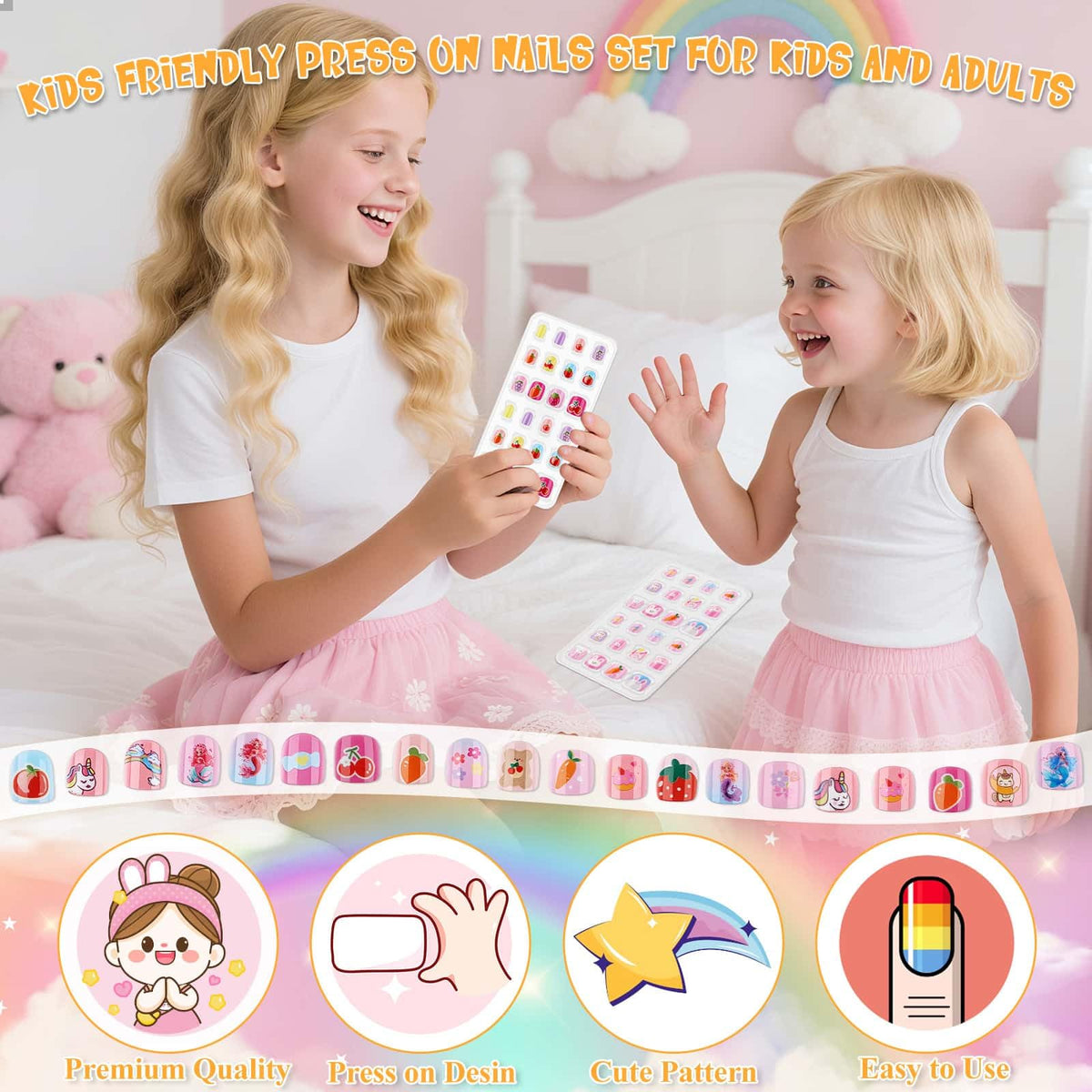 Thrilez Kids Nail Art Set showing various cute nail patterns