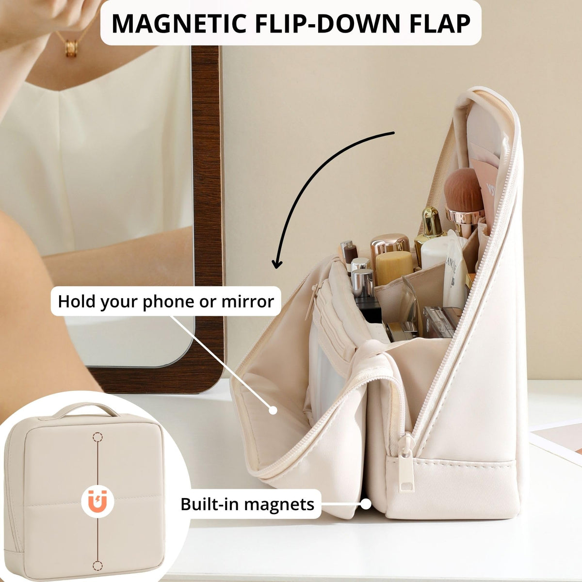tianzong Travel Makeup Bag Cream side view with compartments